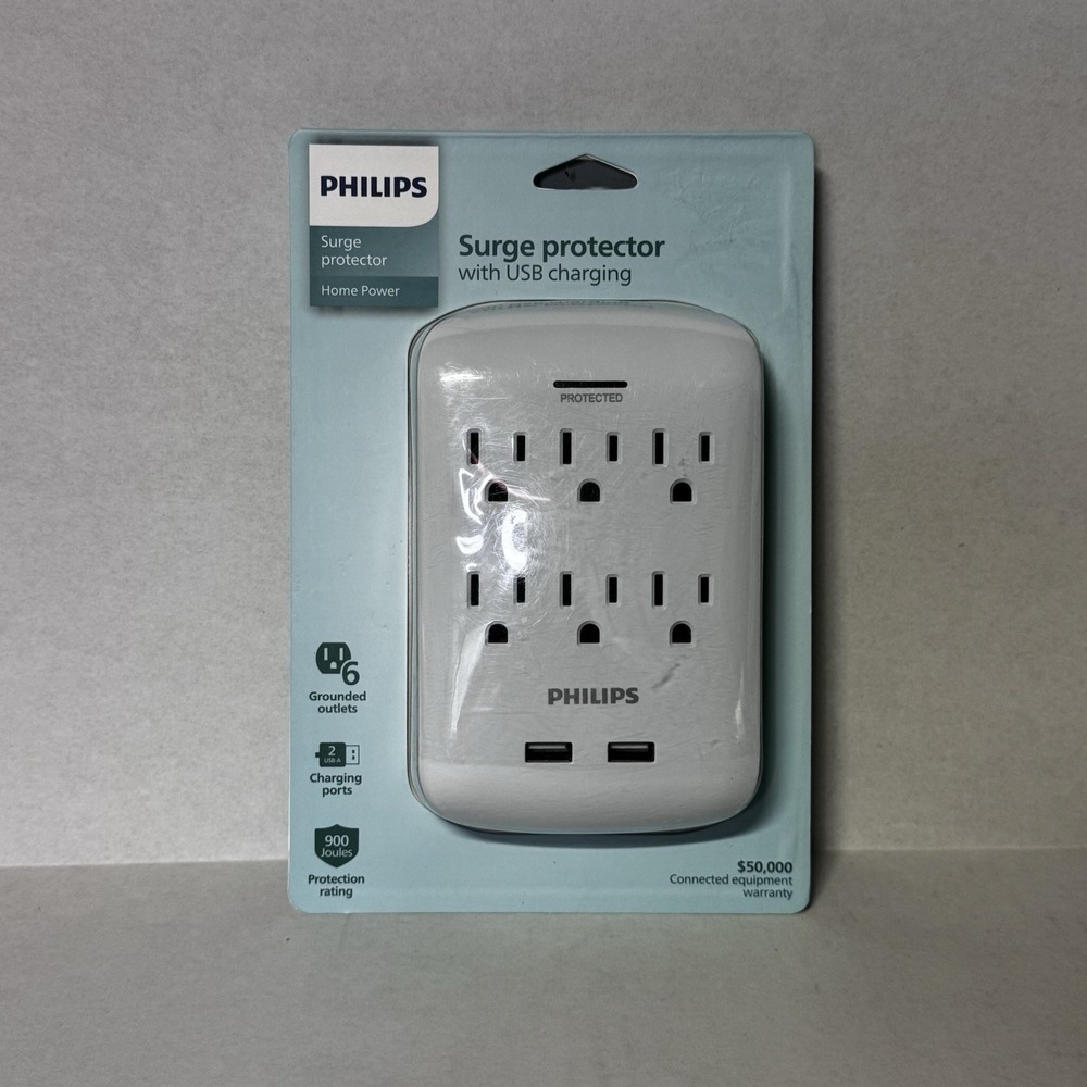 ⚡️Philips Surge Protector 6 AC Outlet 900 Joules, Protection LED Light NEW